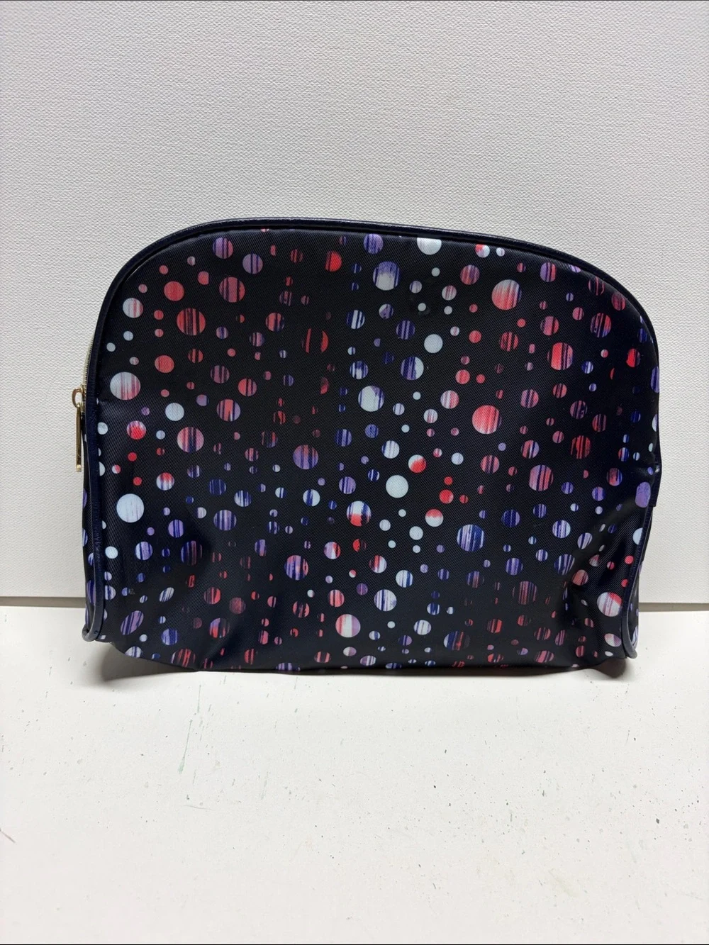 Adrienne Vittadini Navy Cosmetic Bag with Multicolor Dot Pattern